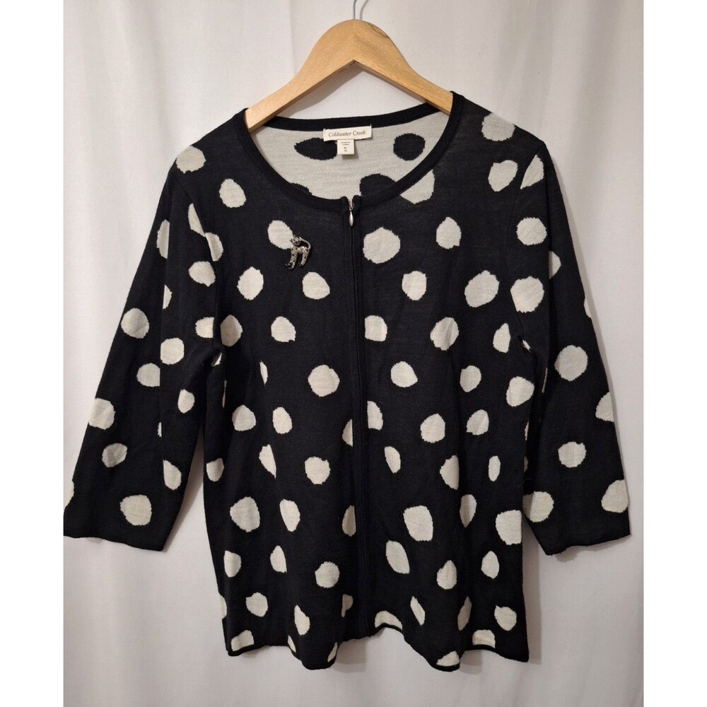 Coldwater Creek Wool Blend Polkadot Cardigan Sz XL 3/4 Sleeve Full Zip Brooch